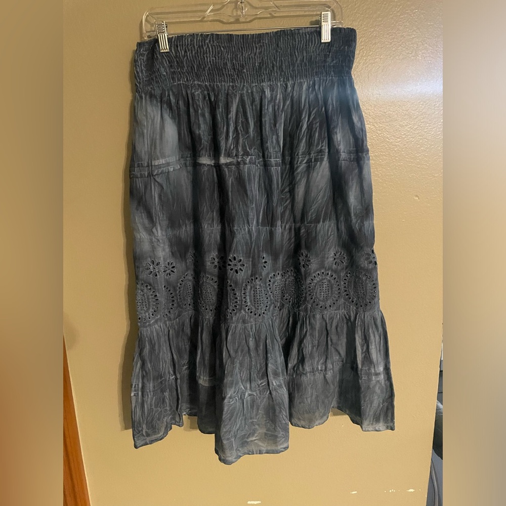 Vtg Y2K Lace Maxi Skirt Tie Dye Ribbon Boho Blue Forest Fairy Whimsigoth Peasant